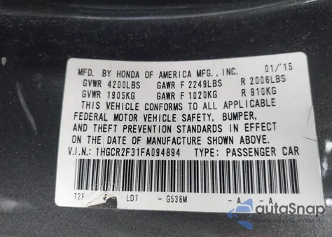 2015 Honda Accord Lx из США, поврежденный, VIN 1HGCR2F31FA094894